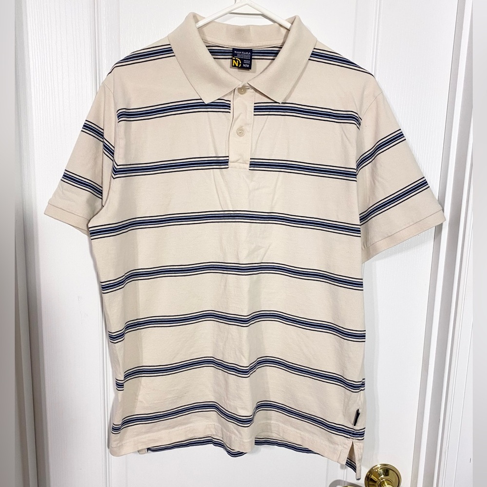 Y2K Nautica Striped Polo Shirt Vintage Cream Blue Men’s Medium
